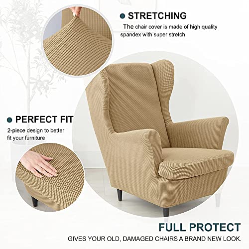 Funda para sofá orejero elástica de 2 piezas con protector de otomana caqui 4