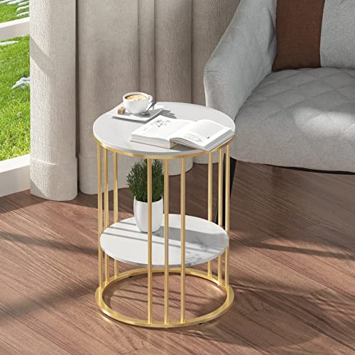 Wisfor Sintered Stone End Table: 2 Tier Round White Sofa Side Table - Small Coffee Table With Golden Frame - Modern Bedside Nightstand For Living Room Bedroom #TOP7