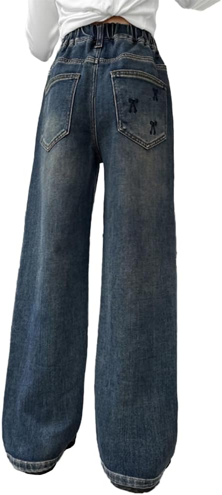 Nivne Tco Girls Baggy Jeans - Elastic Waist Retro Washed Wide Leg Denim Pants, Tween Stretchy Casual Jeans with Pockets - Image 5