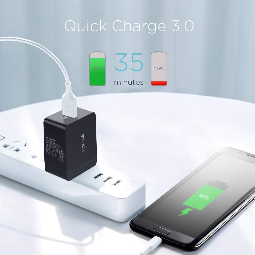 Quick Charge 3.0 18W USB Wall Charger, KEYMOX Fast Charging Cell Phone Adapter Compatible with Samsung Galaxy Note8 / S9 /S8 / S8+, LG G6 / V30, HTC 10 and More Devices-Qualcomm Certified (Black) : Cell Phones & Accessories