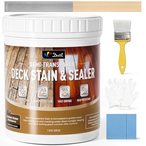 DWIL Water Based Wood Stain, Semi-Transparent Outdoor Wood Stain and Sealer in One, Fast Drying, Non-Toxic, Low Odor, Waterproof and Weather Resistant for All Wood Surfaces (32Oz Bleached Gray)