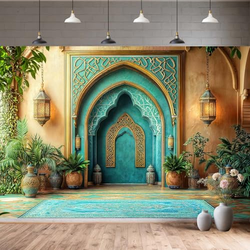 6X4ft DYNH Arabian Moroccan Nights Party Backdrop, Morocco Palace Arch Architecture Middle Eastern Teal Luxurious Backdrop for Moroccan Wedding Birthday Party Background Decorations Photo Studio Props