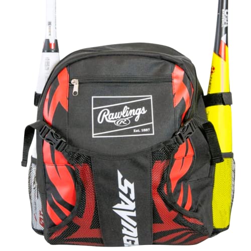 Rawlings | SAVAGE Backpack Equipment Bag | T-Ball / Baseball / Softball | Black/Red