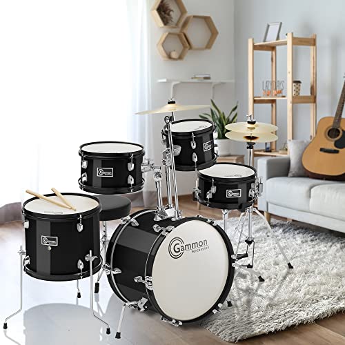 Gammon Percussion 5-Piece Junior Starter Drum Kit With Cymbals, Hardware, Sticks, & Throne - Black #TOP6