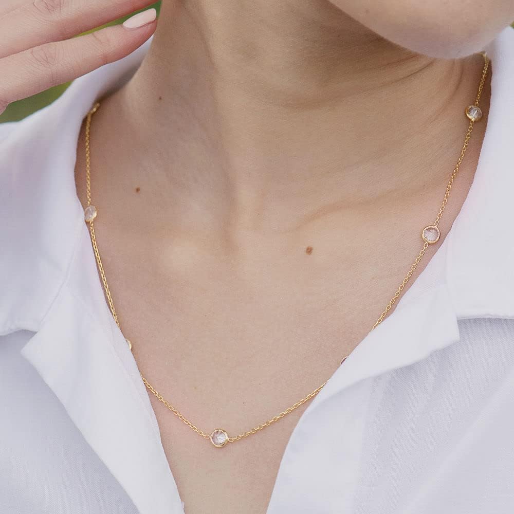 NYC Sterling Women Gold Plated Sterling Silver 3MM Round Cubic Zirconia Station Necklace - Image 4