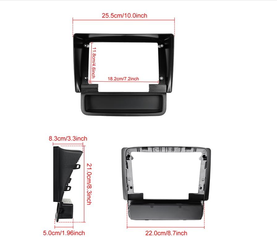 Diagram showing the precise dimensions of the car stereo unit and its frame in centimeters and inches.