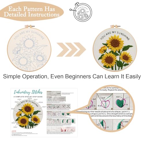 Image of Nuberlic Sunflower Embroidery Kit 3 Pack Embroidery Kits for Adults Beginners Starter Cross Stitch Kit Set with Sunflower Floral Designs - Perfect DIY Gift