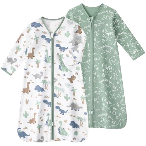 FIEMOL Baby Sleep Sack 6-12 Months, Long Sleeve Baby Wearable Blanket 0.5 Tog with Mittens, 2-Way Zipper Infant Cotton Sleeping Sack for Boy and Girl Green Dinosaur 2 Pack (Medium) by FIEMOL - Used condition - US$23.89