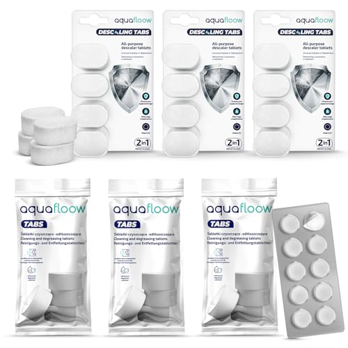Aquafloow Pastillas de Descalcificación para Máquina de Café | Compatible con Marcas Delonghi, Dolce Gusto, Nespresso - Pack 3x Pastillas Quitagrasas de Café + 3x Pastillas Desincrustantes