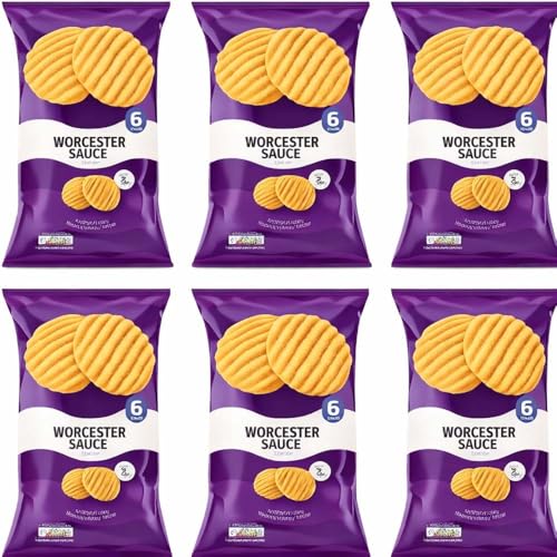 Crinkle Cut Potato Crisps Worcestershire Sauce Flavour 25g Tangy Savoury Chips Vegetarian Snack Crunchy Classic - sbrk (6 x Pack)