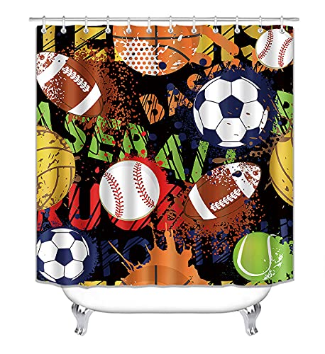 Jayden Madge 4Pcs/Set Sport Game Fabric Shower Curtain, Cool Basketball Soccer Volleyball Rugby Tennis Baseball Graffiti Sports Theme Bathroom Decor For Boy, Non-Slip Bath Rugs Toilet Mat, Multicolor #TOP1