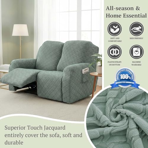 cjc Recliner Chair Cover 6-Pieces, Anti-Slip 6 Seat Recliner Sofa Cover with Pocket, Stretch Jacquard Recliner Couch Slipcover with Elastic, Soft Furniture Protector for Dogs Home Seating (Green) by cjc - Image 5