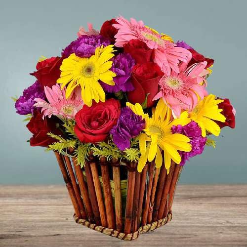 IFG's Beautiful Basket Arrangement of Purple, Yellow, Pink and Red Roses, Gerbera, Carnation, 36 pcs Fresh Flowers - Same Day Delivery-image-49