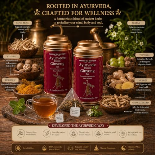 Image of Sancha Tea Boutique, Ginseng Herbal Tea with Ashwagandha (Indian Ginseng), 25 Pyramid Bags x Pack of 2, Caffeine Free Ayurvedic Herbal Tisane, Biodegradable Corn-Fibre Bags