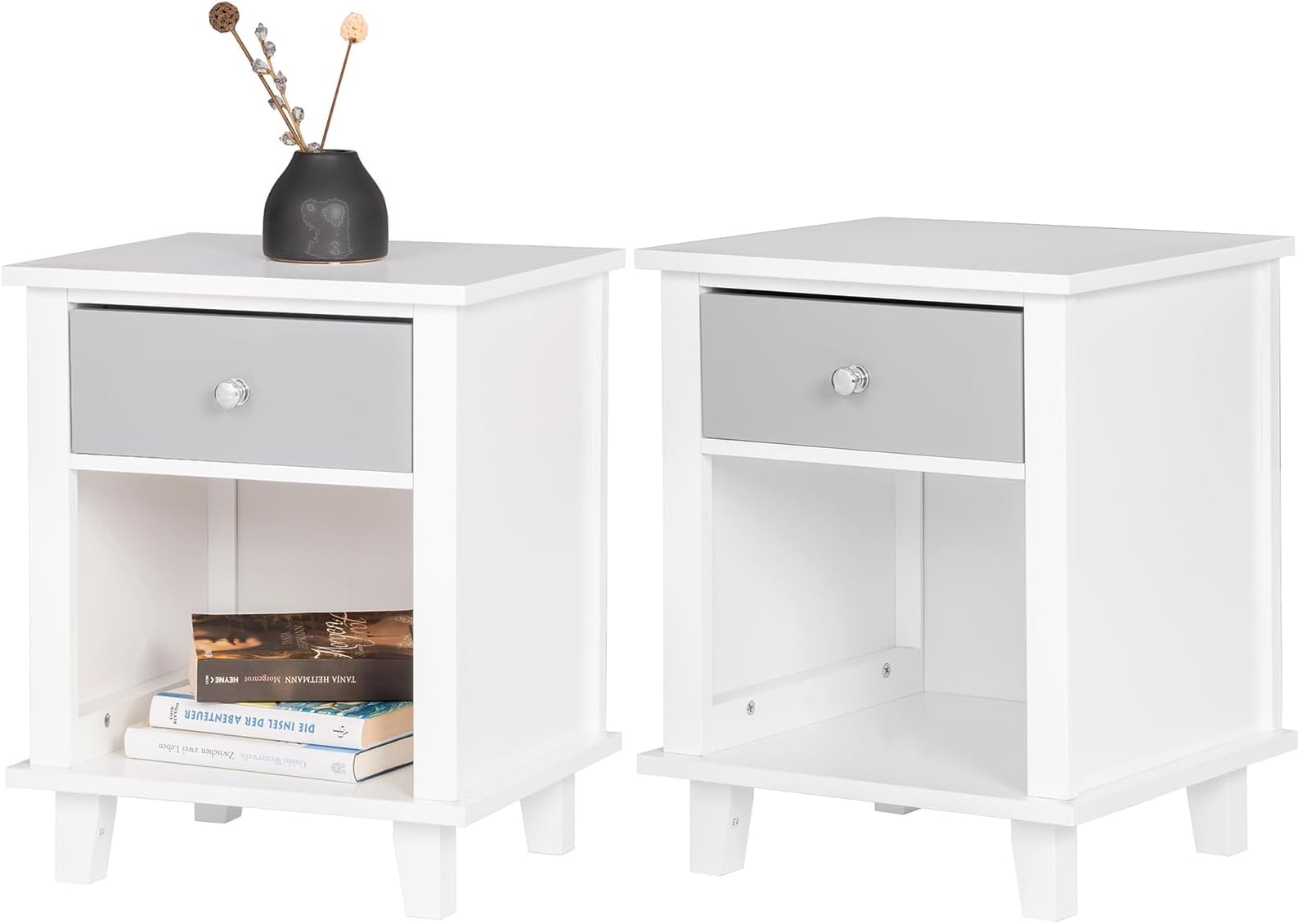 Table de Chevet avec 2 Tiroirs et 1 Étagère Ouverte, Table de Chevet avec Pieds en Bois, Meuble de Chevet pour Chambre (Blanc