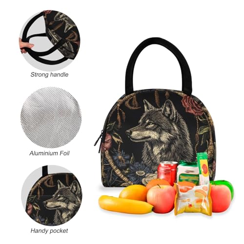Backpack Lunch Bag Set Wolf Flowers Print, Big Storage Travel Backpacks with Insulated Lunch Box for Office Hiking Picnic4