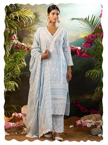 Image of INDO ERA Women's Straight Pure Cotton Ethnic Motifs Embroidered Kurta & Pant with Dupatta Set (IEOUT10190)