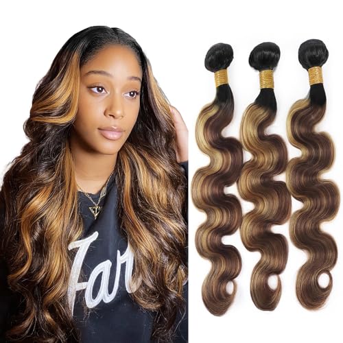 Highlight Body Wave Bundles Human Hair P4/27 Brown and Blonde Bundles Body Wave Human Hair 4 & 27 Color Track Mix Brazilian Hair Sew-In Extensions 14 16 18 inch