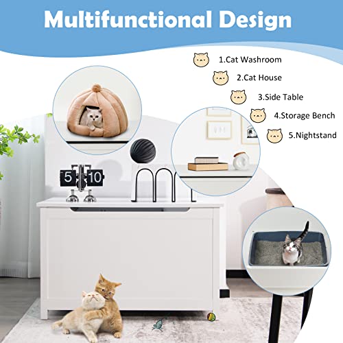 Tangkula Cat Litter Box Enclosure, Flip Top Hidden Cat Washroom With Removable Divider & Reversible Entrance, Wooden Indoor Cat House Side Table Bench, Large Enclosed Litter Box Furniture (White) #TOP7