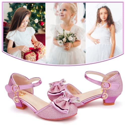 Joykiddie Glitter Girl Dress Shoes Fancy Princess Costume Shoes For Toddler Little Kid Round Toe Pretty Dressy Shoes With Charms Bow,1.2" Low Heel For Wedding Party Pink #TOP6