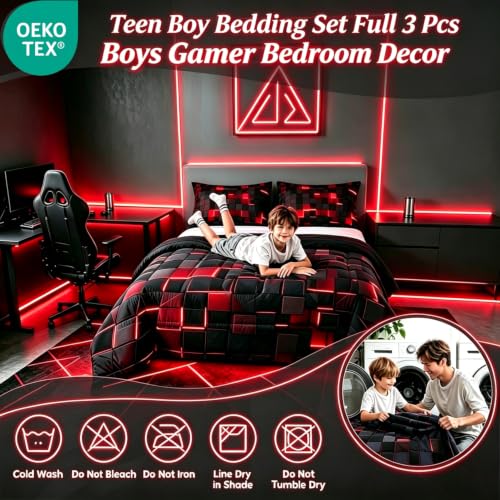 Image of Erosebridal Black and Red Comforter Set Full Neon Geometric Checkered Bedding Set Gamer Room Decor for Boys,Abstract Grids Quilt Comforter for Kids Teen Men Plaid Check Bed Set 3 Pcs