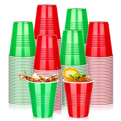 KesaPlan 100PCS 12oz Disposable Plastic Cups, Red and Green Christmas Party Drinking Cups, Xmas Holiday Supplies