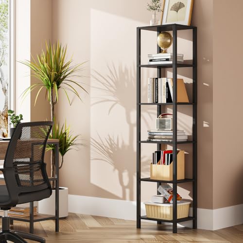 TUTOTAK Bookshelf 6-Tier Tall Book Shelf Narrow Bookcase for Small Space DIY Stackable Bookshelf for Living Room Office Study Entryway Industrial Black BS01BK006