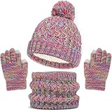 Gorros de Invierno Niñas con Bufanda y Guantes Tactiles, Gorros con Tejido de Punto Cálidos de Invierno para Niños y...
