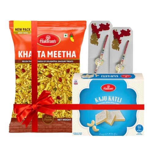 Pound Veg Rakhi Gift Hamper – Kaju Katli Khatha Meetha Namkeen & 2 Designer Rakhis | Raksha Bandhan Combo Pack (Gift Pack - Kaju Katli, Khatha Meetha Namkeen, 2 Rakhi)