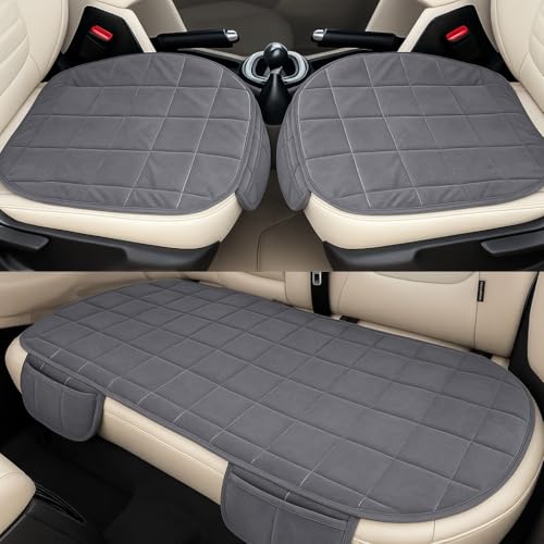 Image of MY ARMOR Seat Cover Car Set | Ultra-Soft HR Quilted Cushion | Non-Slip Grip & Storage Pouch | Universal Fit Protector | Rear Seat 50x20 & Front Section 20x20 Inches | Grey Velvet