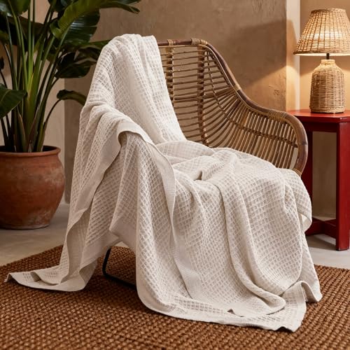 Image of Bedsure 100% Cotton Blanket Twin XL Size for College Dorm - Cooling Breathable and Soft for Summer, Waffle Weave Twin Blanket for Bed, Dorm Room Essentials, Beige, 66x90 inches