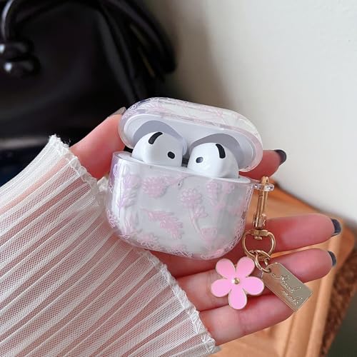 Image of MINSCOSE Compatible with AirPods 4 Clear Case,Cute Flower Floral Aesthetic Design with Flowers Keychain, Soft TPU Protective Shockproof Case for Women Girl for Airpods 4-Pink
