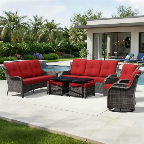 Image of Joyside 8 Piece Wicker Patio Furniture Set, Outdoor Swivel Rocker Patio Chairs with High Back, Deep Seating, Wide Armrest, Thickened Cushions, Outdoor Furniture for Deck, Porch Use