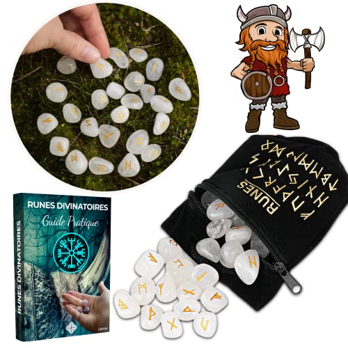 Majestic's - Majestic's Runes Divinatoires Vikings - Pack de 25 Runes en Pierres Naturelles de Cristal de Roche, Quartz Blanc Gravées (2cm x 1cm) + Sac Noir + Ebook Pratique (PDF) - Divination, Voyance