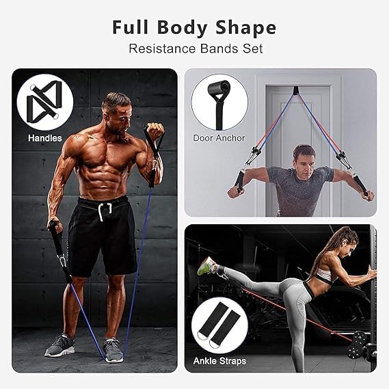 Image of Resistance Bands Set with Handles, Door Anchor & Ankle Straps - Exercise Bands Workout Tonning Tube Kit for Home Gym Workout, Strength Training & Fitness for Men, Women (100LB)