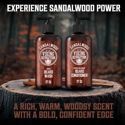Viking Revolution Beard Wash & Beard Conditioner Set with Argan & Jojoba Oils - Softens and Strengthens - Natural Sandalwood Scent - Beard Shampoo with Beard Oil (17 oz)