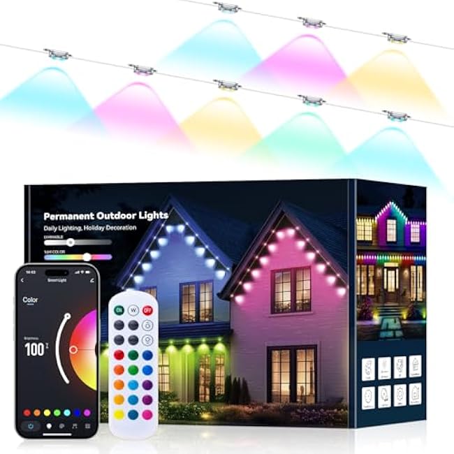 Permanent Outdoor Lights -RGB Eaves Lights 100FT with 50 LED IP67 Waterproof, Smart Outside LED Christmas Lighting for House, Eternity Light for Holiday, Daily Lighting