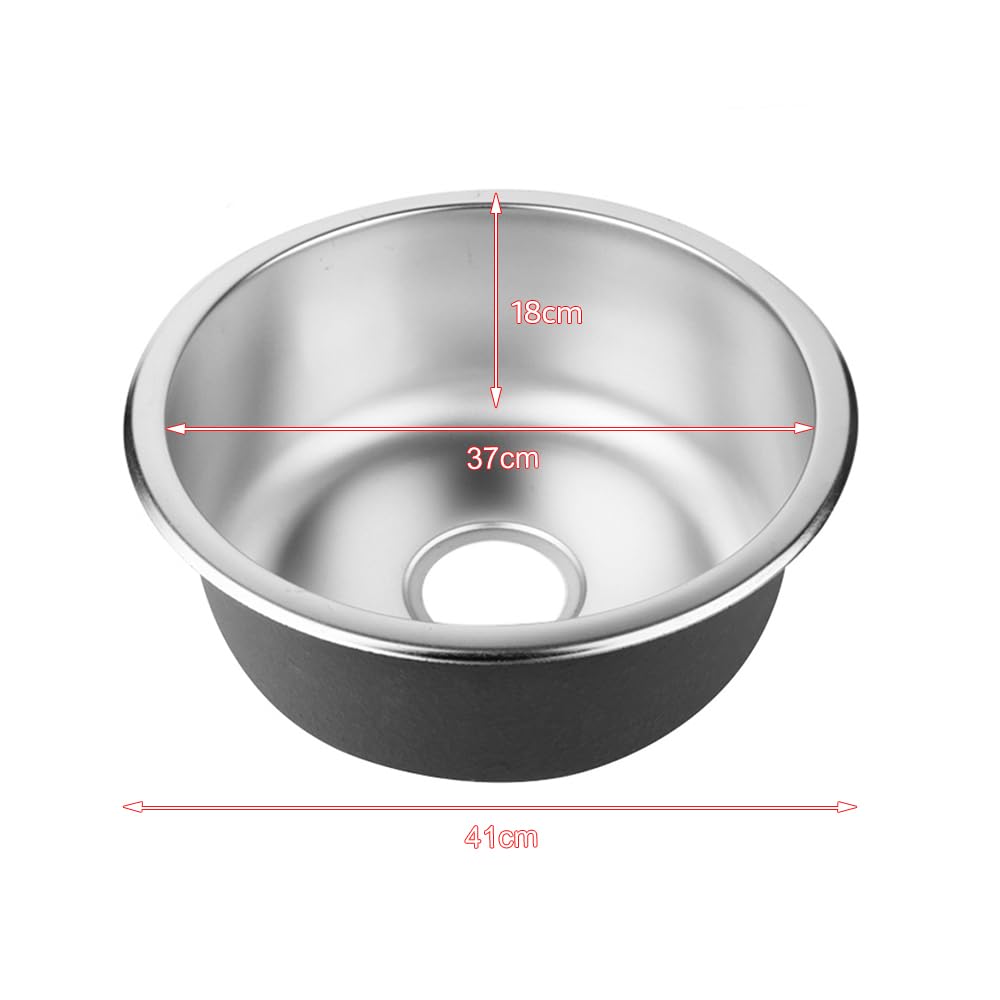 Petit évier de cuisine en acier inoxydable, avec bonde et tuyau flexible (Évier rond)