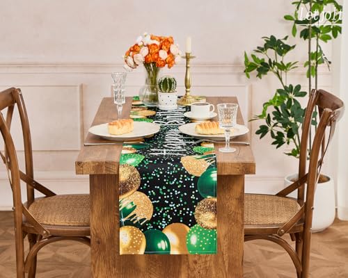 Image of Letjolt Golden Green Balloon Happy Birthday Table Runner 72 Inches | Linen-Like Fabric, Celebrate Birthday Party Table Decor