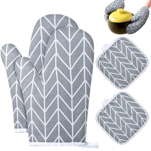 LEPZUR Gants de Four, 1 Paire Gants de Cuisine Coton avec 2 Maniques Cuisine, Lavable Gant Cuisine Four, Gants de Cuisine Antidérapants, Gant Cuisine Anti Chaleur pour Barbecue, Cuisson
