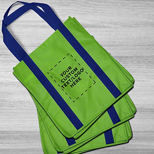 Discount Promos Custom Non Woven Shopping Tote Bags Set Of 100, Personalized Bulk Pack - Reusable, Great For Shopping, Grocery, Beach, Picnic, Wedding Favors - Limegreenblue #TOP5
