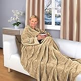 Gräfenstayn® Kuscheldecke mit Ärmeln & Fußtasche - Flauschige Decke zum anziehen - Öko-tex Standard 100 - Ärmeldecke für Damen und Herren - TV-Decke (Hellbraun, 200x170cm)