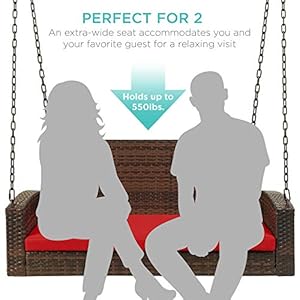 Best Choice Products Woven Wicker Outdoor Porch Swing, Hanging Patio Bench for Deck, Garden w/Mounting Chains, Seat Cushion - Brown/Red Best Choice Products Woven Wicker Outdoor Porch Swing Hanging Patio Bench for Deck Garden wMounting Chains Seat Cushion BrownRed
