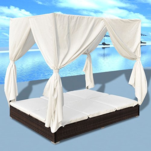 Daonanba Stable Durable Sun Lounger With Curtains Comfortable Sunbed Outdoor Sofabed Garden Furniture Poly Rattan Brown #TOP6