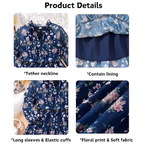 fioukiay Girls Fall Dress Long Lantern Sleeve V-Neck Floral Printed Smocked Waist Maxi Dresses Holiday3