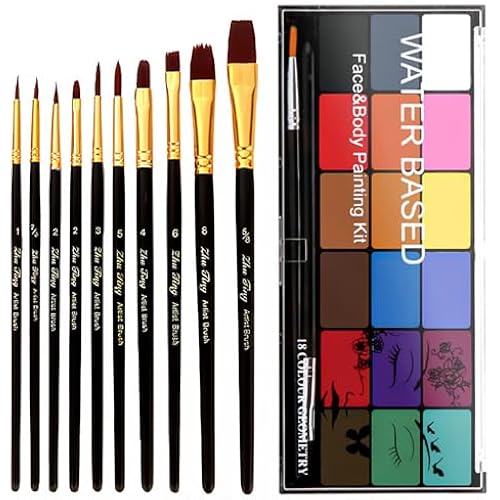 18 Color Water Based Face Painting Kit, 10 Brush for Halloween