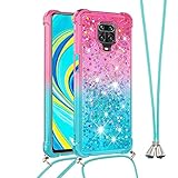 LEMAXELERS Redmi Note 9 Pro Max Case Gradient Color Bling Glitter Sparkle Floating Quicksand TPU 3D Moving Quicksand Cover with Necklace Cord Strap for Redmi Note 9S / 9 Pro Pink Blue YBJB