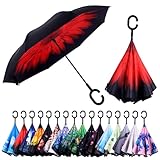 Wxjiahetai Inverted Umbrella, 49 Inch Double-Layer Vented Reverse Umbrella, Windproof Waterproof UV Protection, Lightweight C-Handle, Fiberglass Ribs, Steel Shaft, Travel/Commute/Car Use, With Sleeve