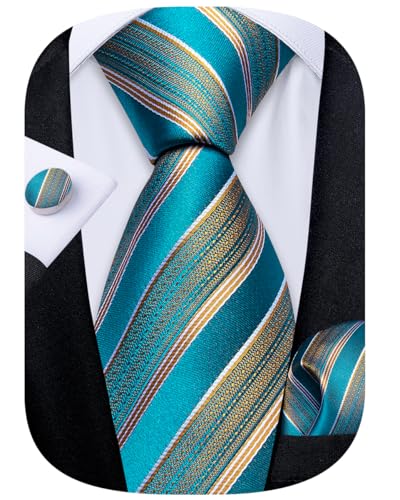 Image of DiBanGu Striped Tie Set for Men Silk Woven Plaid Necktie and Pocket Square Cufflinks Business Wedding