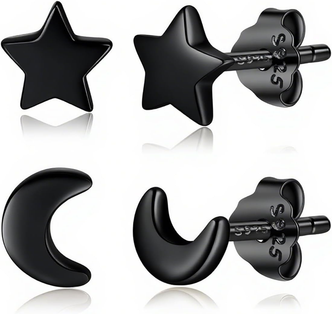 CHIC & ARTSY Solid Real 925 Sterling Silver Satr Moon/Heart Stud Earrings - Dainty Minimalist Stud Earrings - Tiny Cartilage Earrings for Women